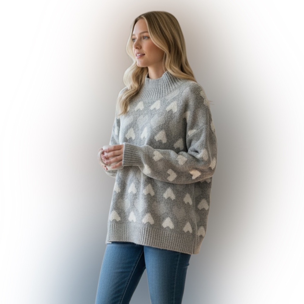 Studio B Elegant Gray Heart Pattern Turtleneck Sw… - image 1